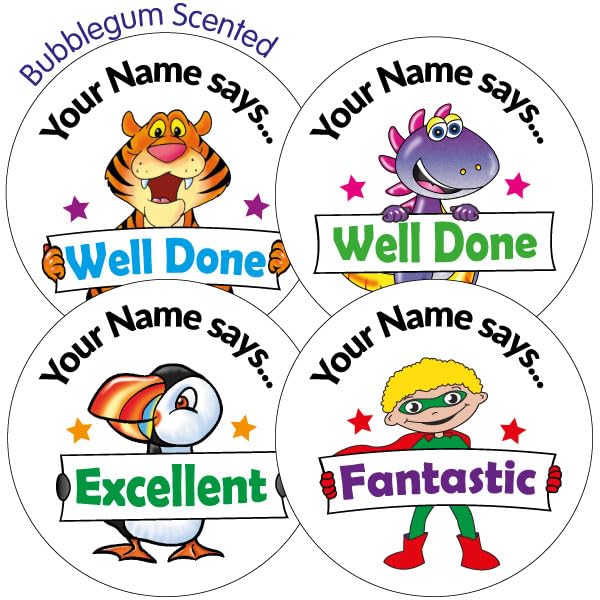 105 Personalised Bubblegum Scented Mixed Character Animal School Teachers Reward Feedback Marking Stickers 37mm Primary Teaching Services…