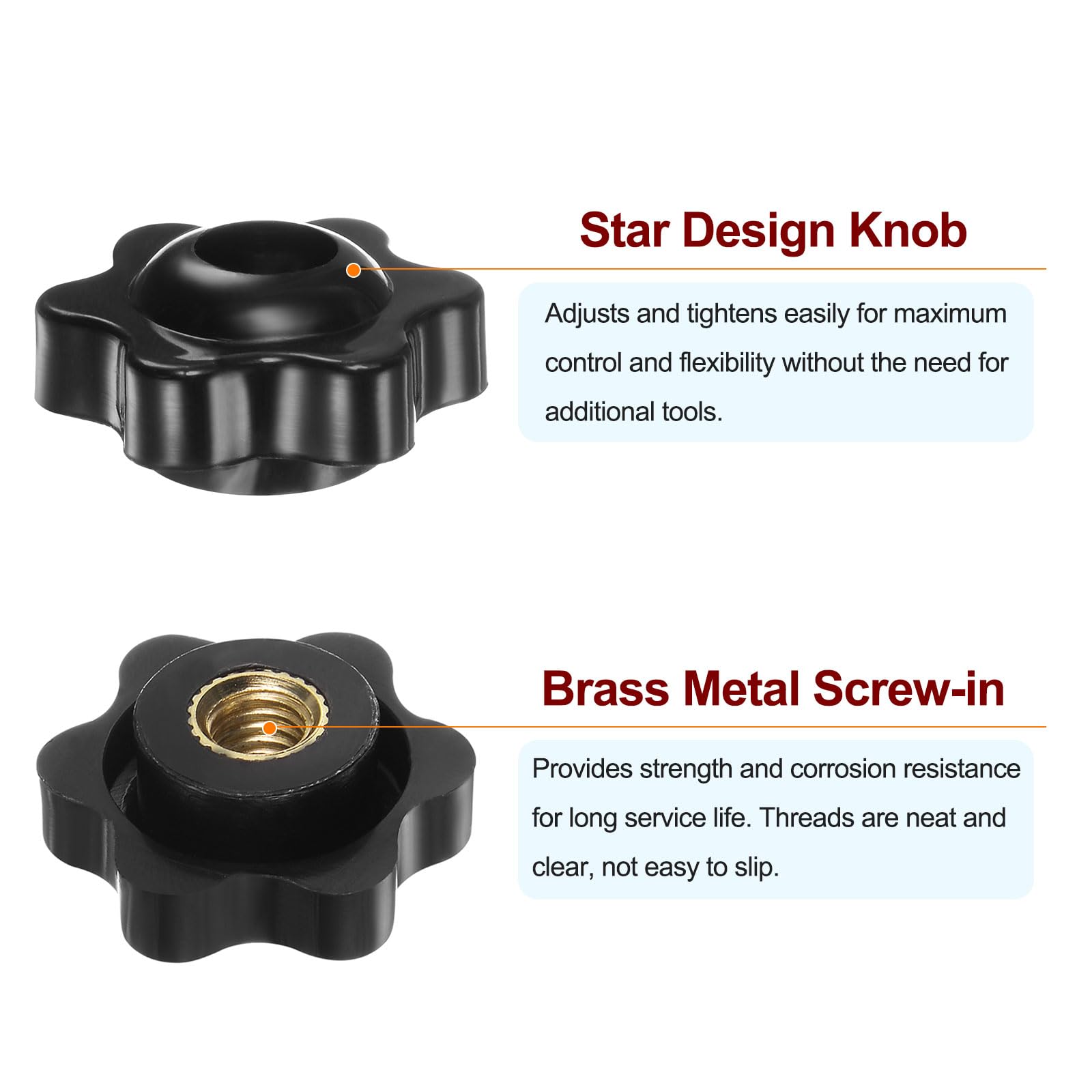 PATIKIL M6 X 25mm Clamping Knobs - 10-Pack Star-Shaped Grip Handle Nuts, Black Plastic & Brass (Through Hole Design) For T-Tracks, Tools & DIY