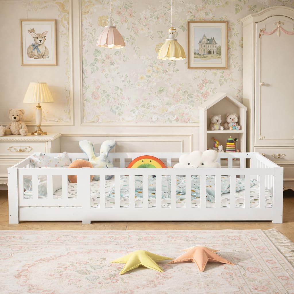 Cama de suelo para niños de 90 x 190 cm con valla y puerta, cama Montessori con protección anticaídas, cama juvenil individual con somier, cama infantil para niños y niñas, blanco (90 x 190 cm