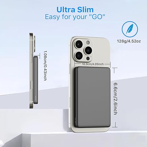 Miniatura 2 de Banco de energía inalámbrico magnético ultradelgado de 5000 mAh, cargador portátil de 20 W PD de carga rápida con cable USB-C compatible con Magsafe