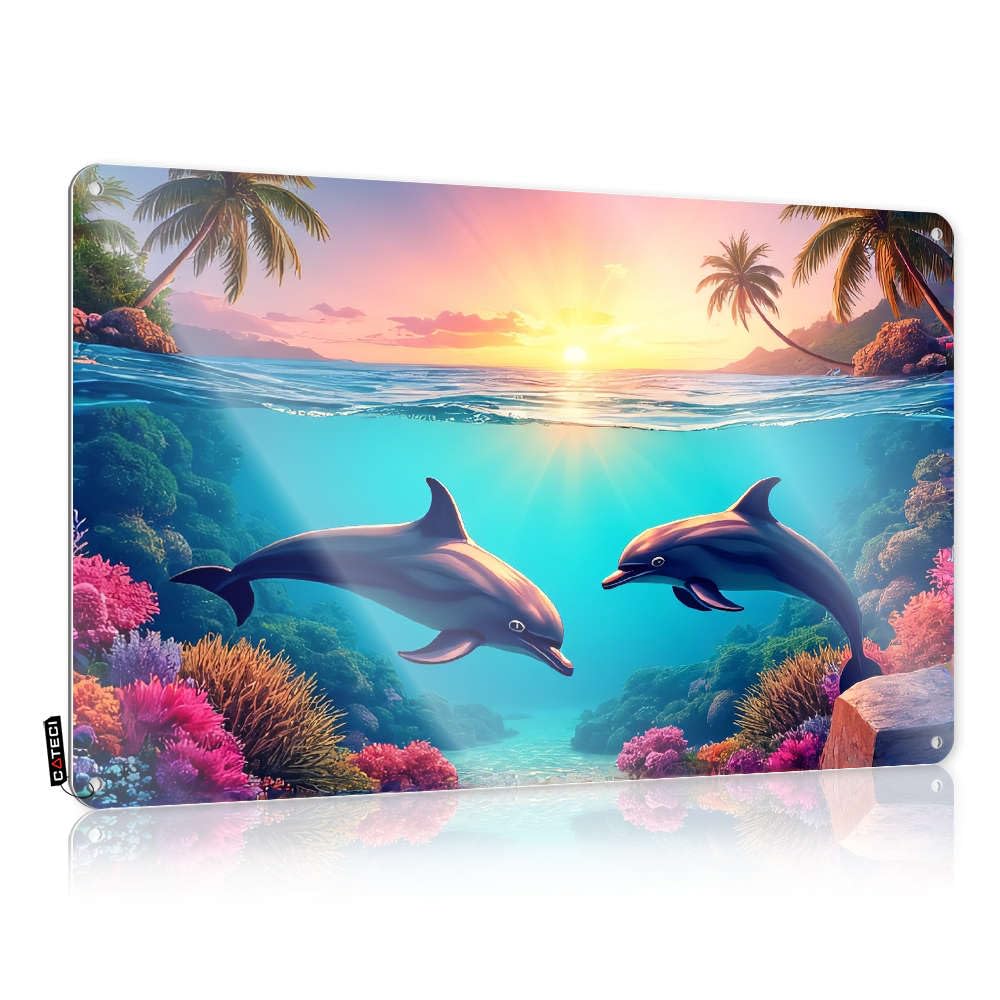 Framed Things Funny Wall Signs | Two Dolphins Swimming In Colorful Coral Reefs With Palm Trees On The Shore. Cool For Man Cave Bar Living Room(30X40CM)