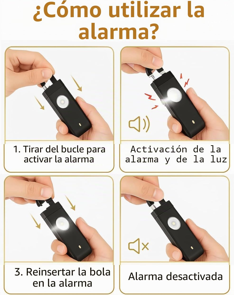 Alarma de bolsillo, alarma personal de seguridad de emergencia de 130 decibelios con luces, color negro