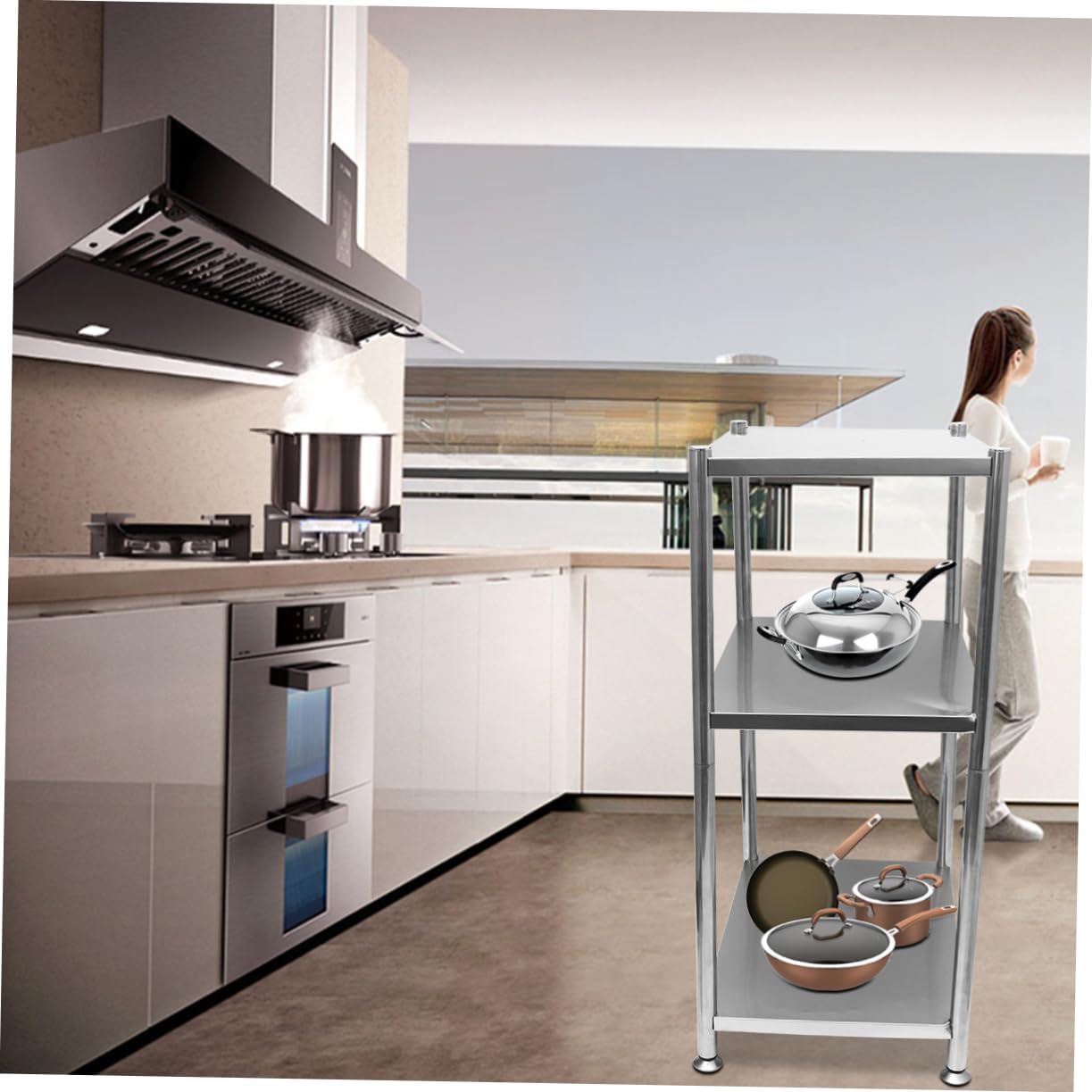 Multifunctional Kitchen Storage Rack 3-Tier Free-Standing Organizer for Balcony Food-Grade Metal Easy Assembly for Home and Restaurant Use