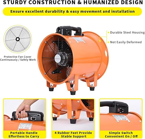 Miniatura 5 de Ventilador de 8 pulgadas, ventilador de alta velocidad con manguera de conducto, ventilador de ventilación portátil de bajo ruido, extractor de