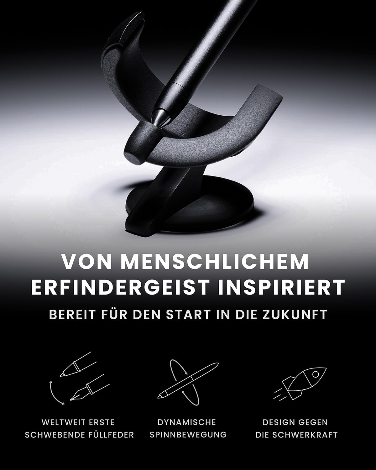 novium Hoverpen Future - Schwebende Füllfeder & Rollerball, Deep Black | Modularer Stift (2-in-1) mit magnetischer Schwebetechnik, Raumfahrt-Design, Schmidt-Nachfüllminen, Premium-Geschenkidee