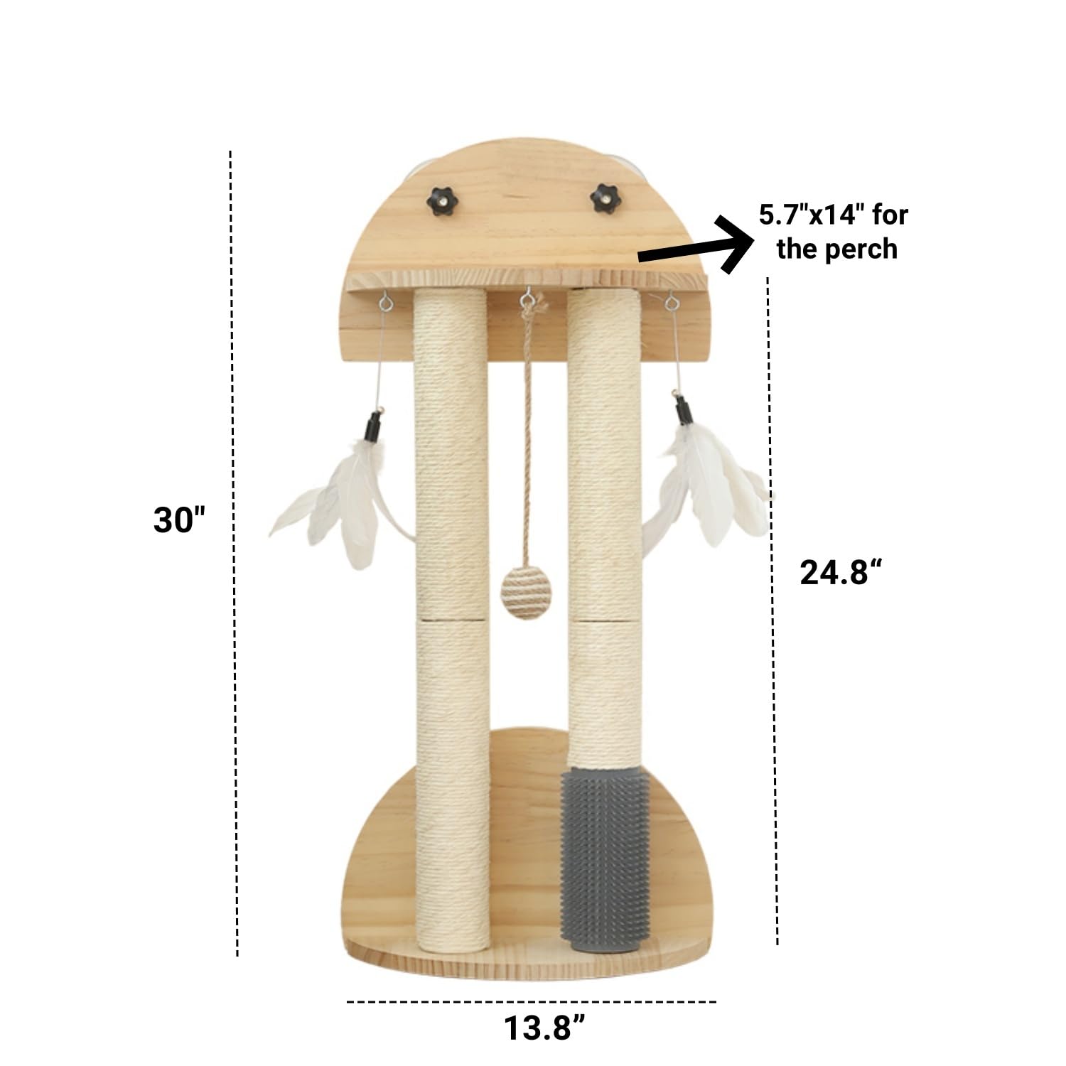 SHENGOCASE Tiragraffi da parete in legno naturale con ventose, giocattolo a forma di palla di piume e toelettatura, mobili da parete per gatti