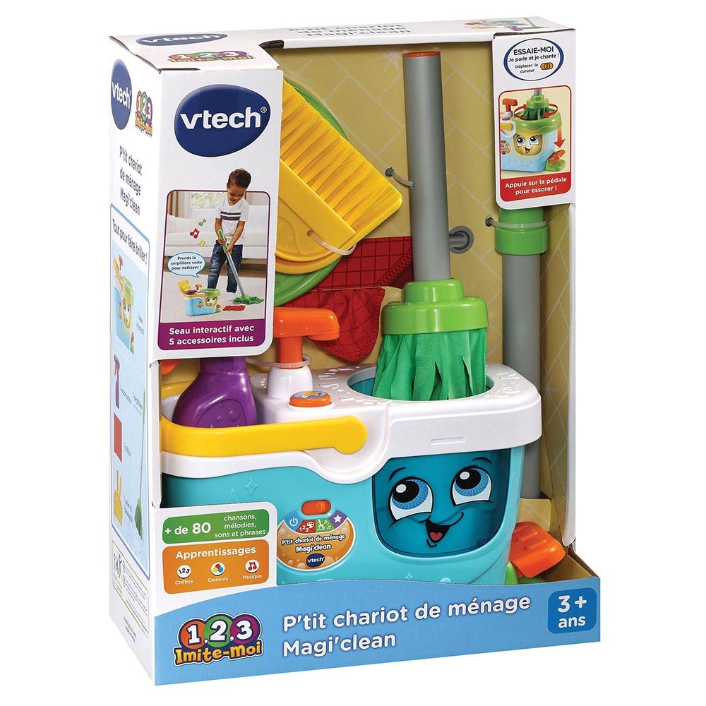 VTech - P'tit Chariot de Ménage Magi'Clean, Seau Essoreur à Pédale Interactif, Jouet Électronique Sons et Lumières, 6 Pièces et Accessoires de Jeu, Cadeau Enfant Dès 3 Ans - Contenu en Français