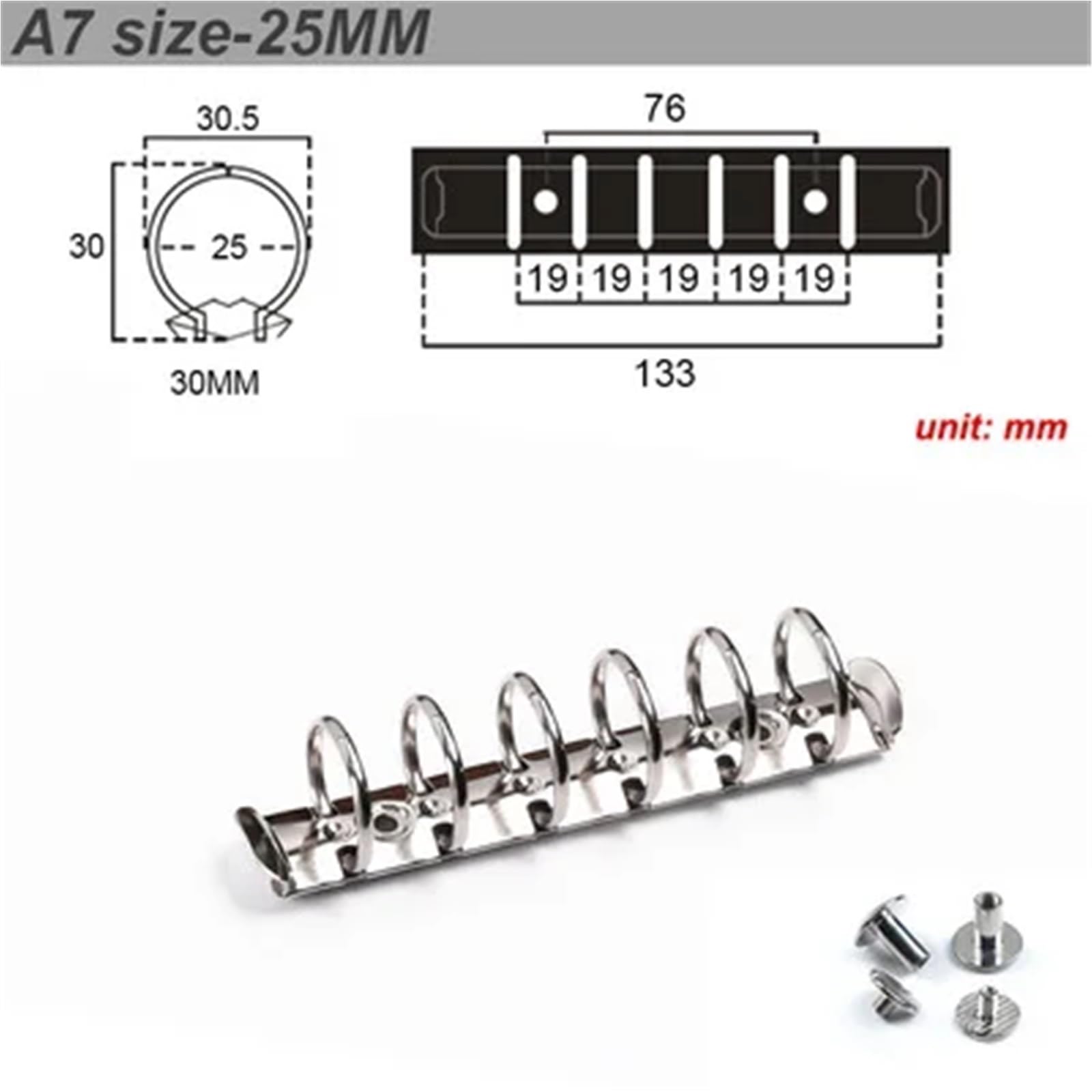 Pierścienie bindujące, metalowy segregator na luźn Metalowe kółka do segregatorów z 6 luźnymi kartkami, A5, A6, A7, 25-30 mm, opakowanie 5 sztuk, wielokolorowe(A7 Silver 25mm)