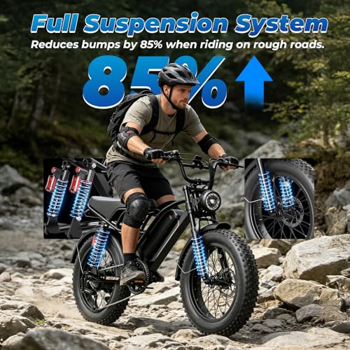 Image of Jasion Electric Bike for Adults & Teens, 2000W /3000W Peak E Bike, Up to 55-90 Miles Range Electric Bicycle, 48V /52V Battery, 16 inch /20 inchx4.0 inch Fat Tire E-Bike, Full Suspension Ebike for Beach,Mountain,Road
