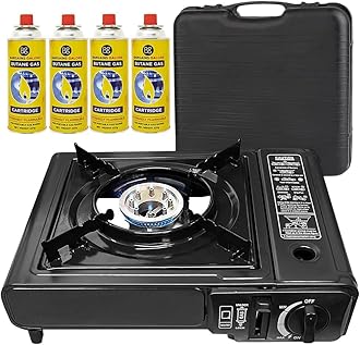 Portable Gas Cooker Stove with 4 Butane Gas Bottles Canisters - For Outdoor Camping, Fishing, Caravan & BBQ | Premium Burner, Automatic Ignition & Heater Control, EN417 Compliant - Black With Case