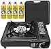 Portable Gas Cooker Camp Stove + 4 Butane Gas Canisters - For Outdoor Cooking, Camping, Fishing & BBQ | Premium Burner, Automatic Ignition & Heat Control, EN417 Compliant - Black Grill & Carry Case