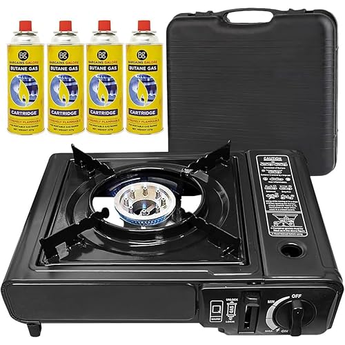 Portable Gas Cooker Stove with 4 Butane Gas Bottles Canisters – For Outdoor Camping, Fishing, Caravan & BBQ | Premium Burner, Automatic Ignition & Heater Control, EN417 Compliant – Black With Case