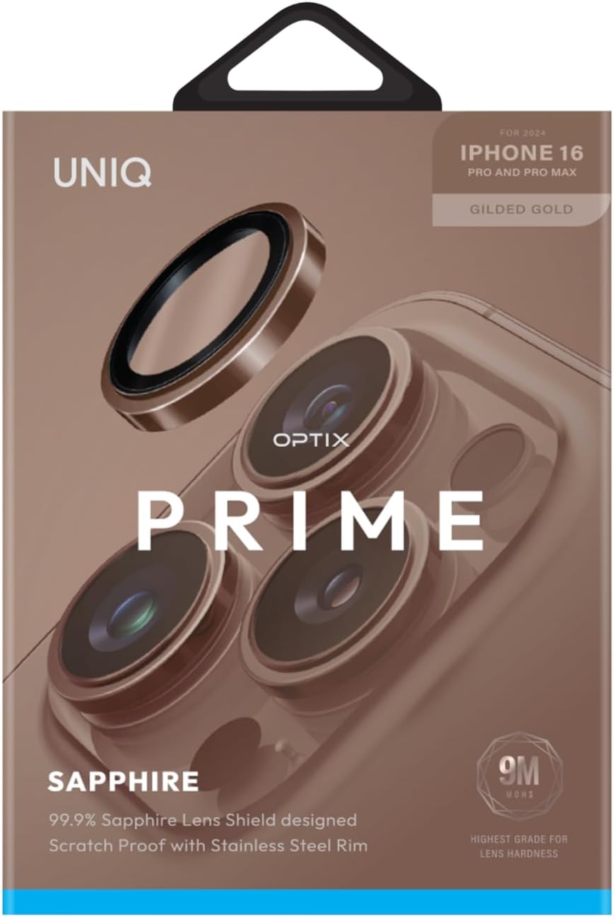 UNIQ OPX Stainless Steel Frame Sapphire Camera Lens Protector Compatible with iPhone 16 Pro & iPhone 16 Pro Max, Gilded Gold