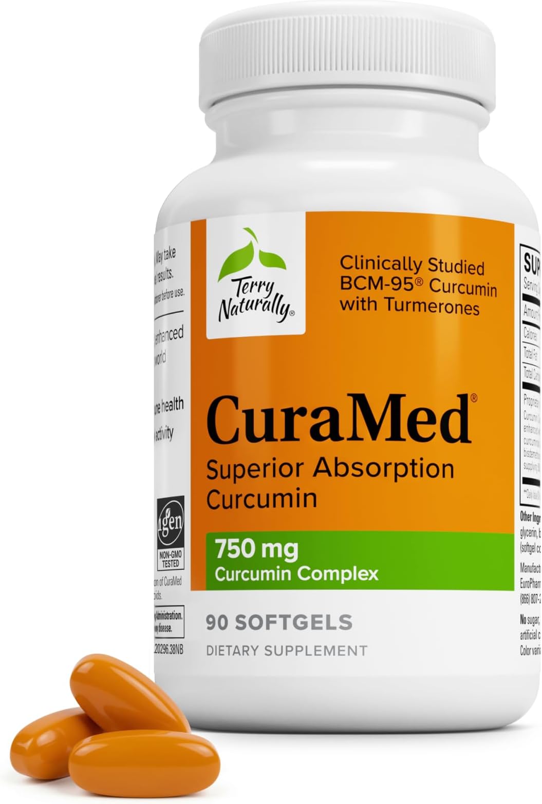 Terry Naturally CuraMed 750mg - Antioxidant Supplement for Brain & Heart Health Support - Dietary Supplement with High-Potency Curcumin Complex - Kidney, Liver & Immune Health Support - 90 Softgels