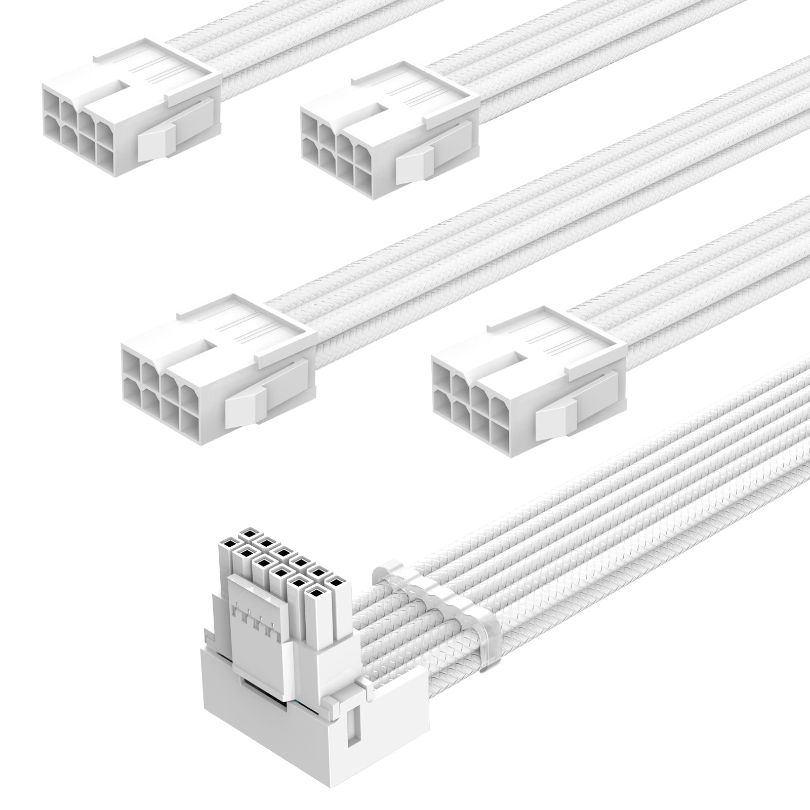 SYBECHATF RTX 4090 4080 4070TI 3090TI 16Pin(12+4) to 4x8Pin Cable with 90 Degree 12VHPWR Connector, PCI-E 5.0 Sleeved Extension Cable,14inch with Cable Combs (16AWG/White)…