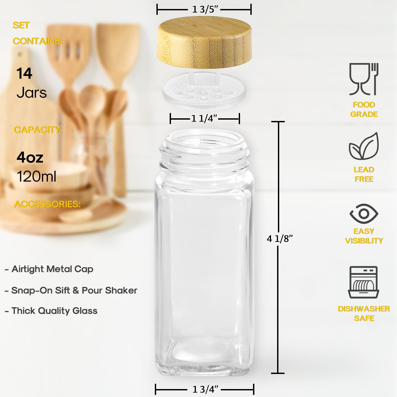 14 tarros de especias con tapas de bambú, botellas cuadradas de 4 onzas con etiquetas para especias, tapas de coctelera, embudo 3