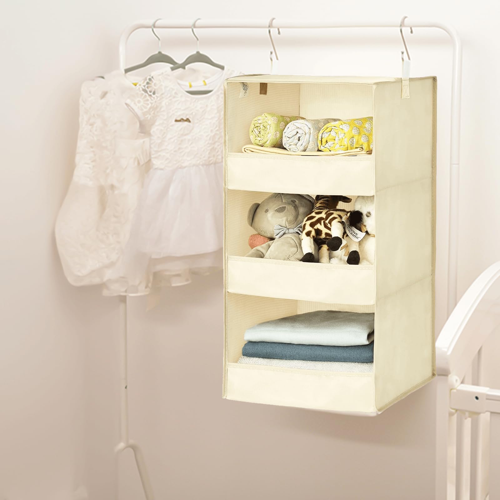 Estantes de almacenamiento colgantes de 3 estantes, 2 unidades, plegables de tela no tejida, estantes apilables para armario, color beige, solución de ahorro de espacio para almacenamiento en el hogar
