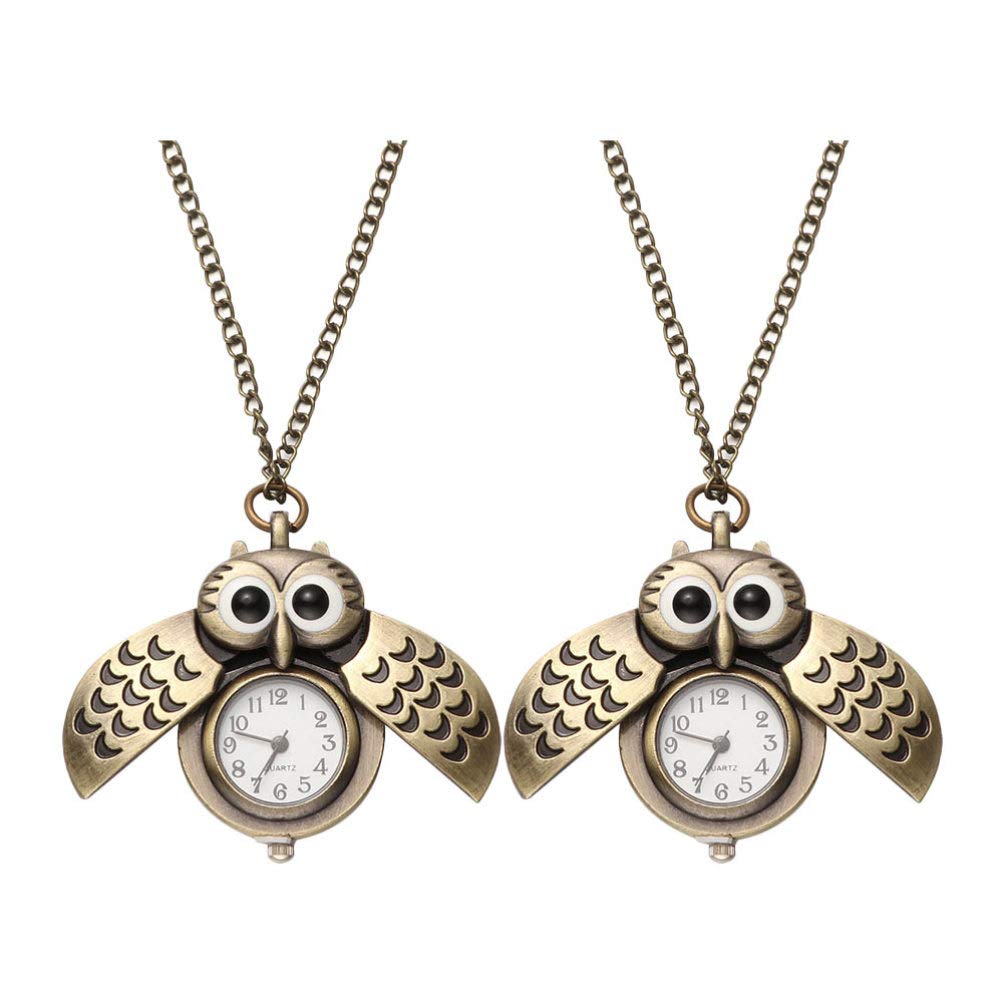 ibasenice 2 Unids Búho Reloj de Bolsillo Vintage Retro Bronce Steampunk Locket Reloj de Bolsillo Colgante Cadena Larga Animal Pájaro Collar de Cuarzo Regalo para Niñas Niños os
