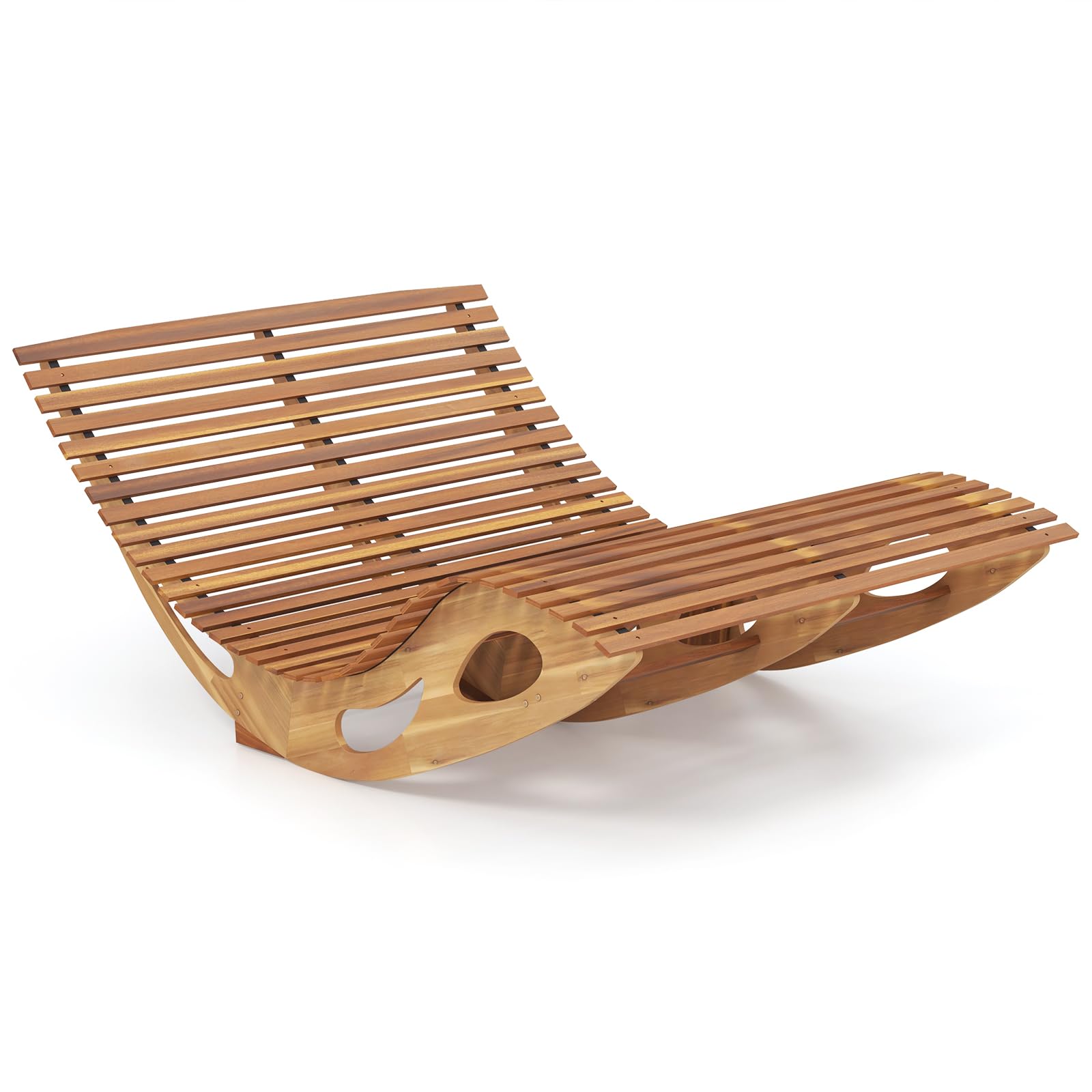 Giantex Extra-Large Dual Outdoor Rocking Chair, Acacia Wood Patio Lounge Chair with Ergonomic Curved & Slatted Seat, Bottom Stopper, 63”x47”x26”