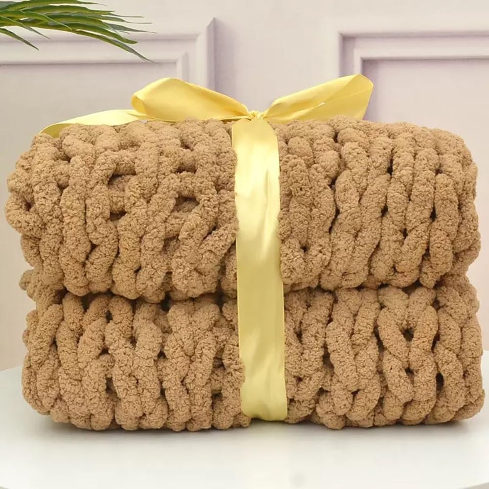 Luxury Chenille Chunky Knitted Blanket Throw, Handmade Knitting Soft Fluffy Blanket for Sofa Couch Bed Home Decor (Color : Khaki, Size : 80x100cm)