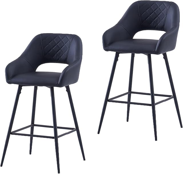 AINPECCA Bar Stools Set of 2 PU Leather Black Breakfast Dining Bar Stools Fixed Height Bar Chairs with Metal Frame and Footrest for Breakfast Bar, Counter, Kitchen and Home