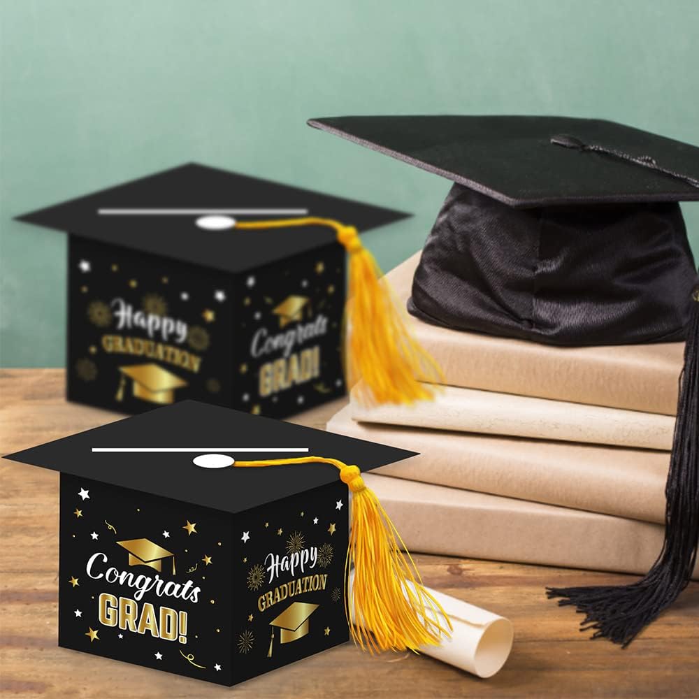 2026 Graduation Party Card Box, Black Gold Congrats Cap Card Holder Box with Tassel for 2026 Graduation Party Decoration
