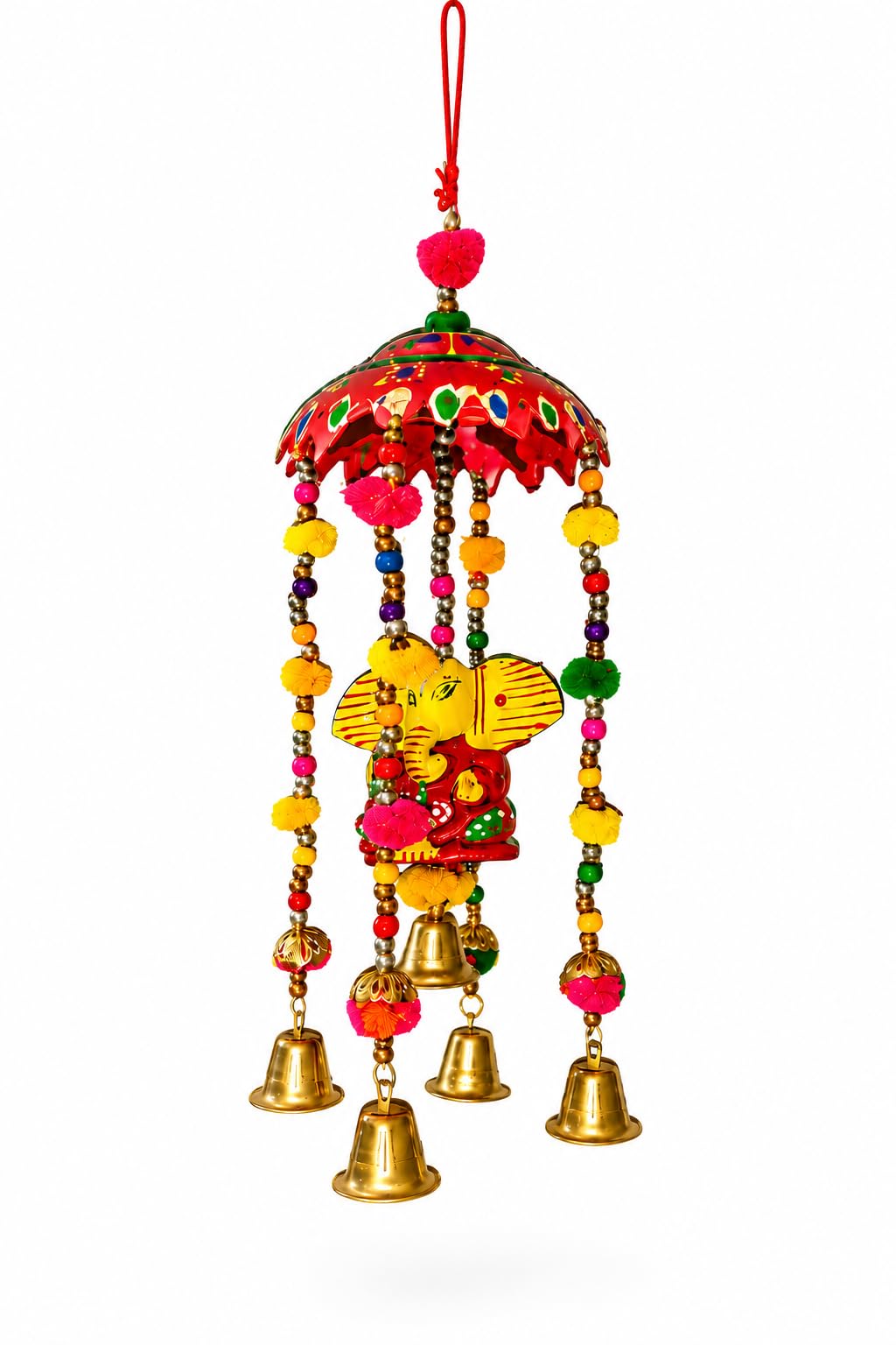 Ganesha Wind Chime with Brass Bells, Beads & Pom Poms | Handcrafted Decor, Multicolour Design, Umbrella Canopy, Wall Hanging, Festive Home Decor-image-14
