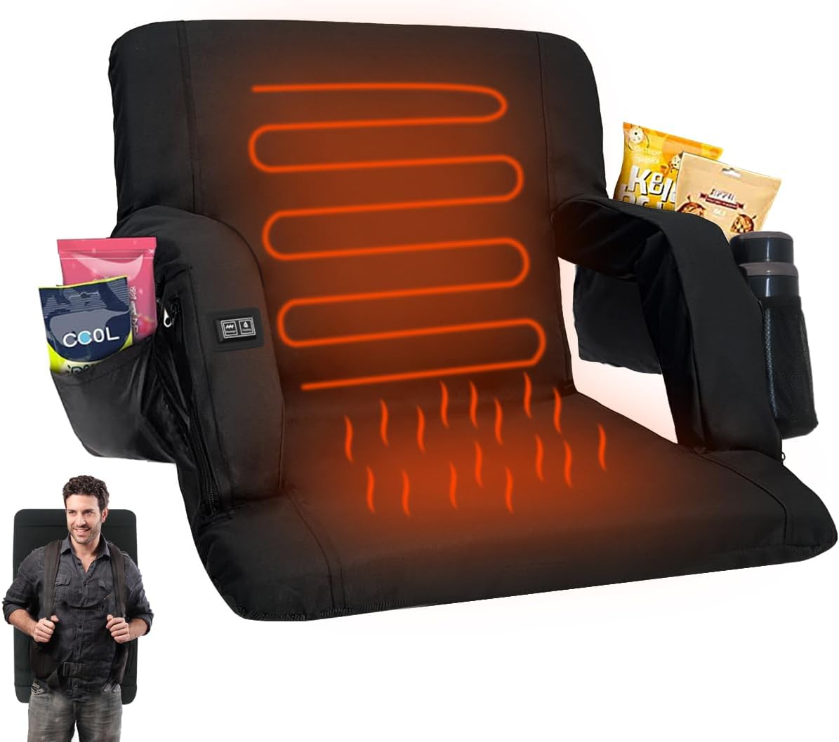 Double Heated Portable Reclining Bleachers Back Chair, Stadium Seats with Heated Back and Cushion, Outdoor Chair Cushion, Beach Chair , Stadium Chair with Back and Arm Support for Sport Events Black Double Heated