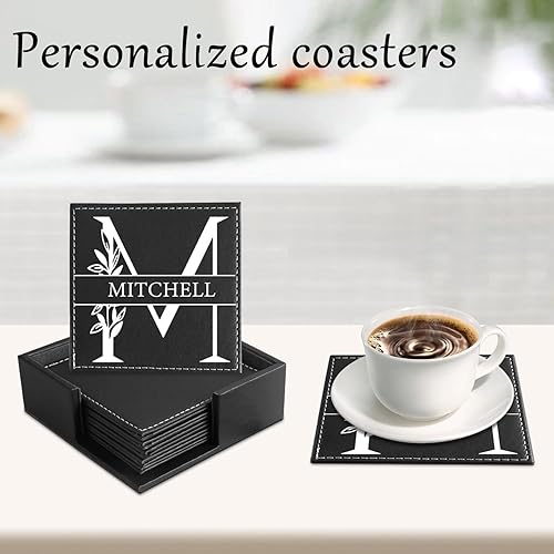 Miniatura 4 de Juego de 6 posavasos personalizados, posavasos de cuero personalizados para bebidas con soporte, nombre personalizado, foto, logotipo para mesa de