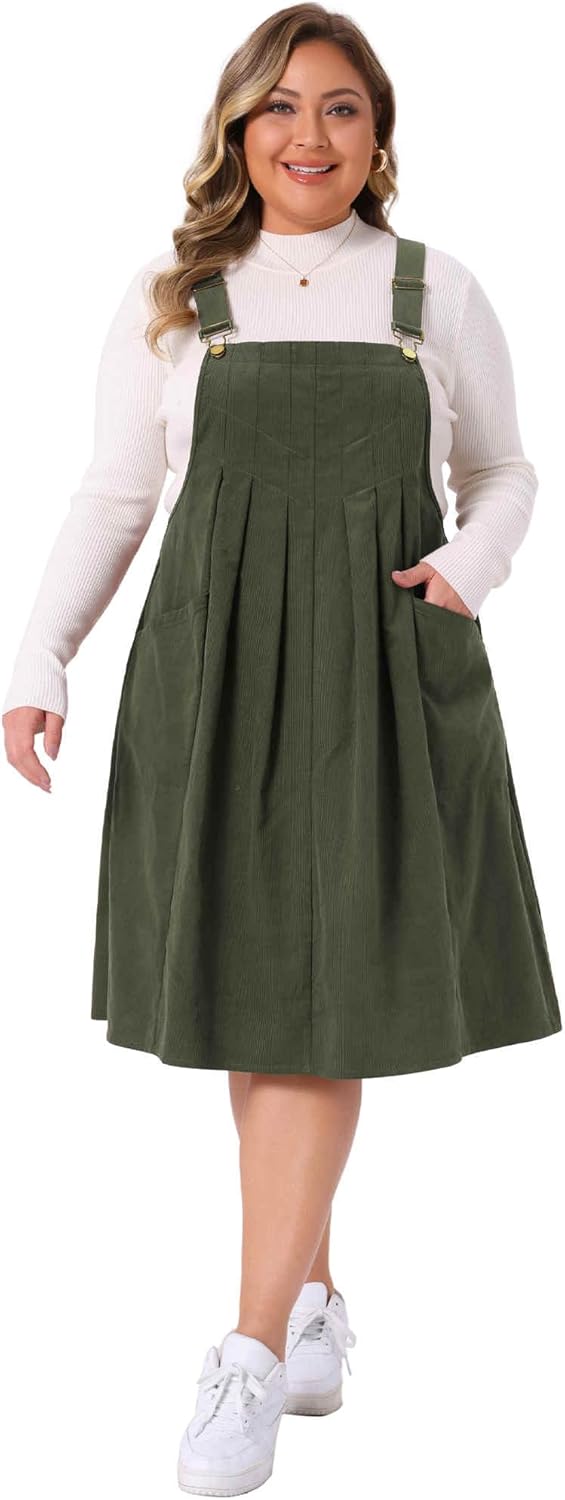 Agnes Orinda Plus Size Corduroy Pinafore Dress for Women Pleated Adjustable Strap Suspender Skirt Short Overall Dress - Image 3
