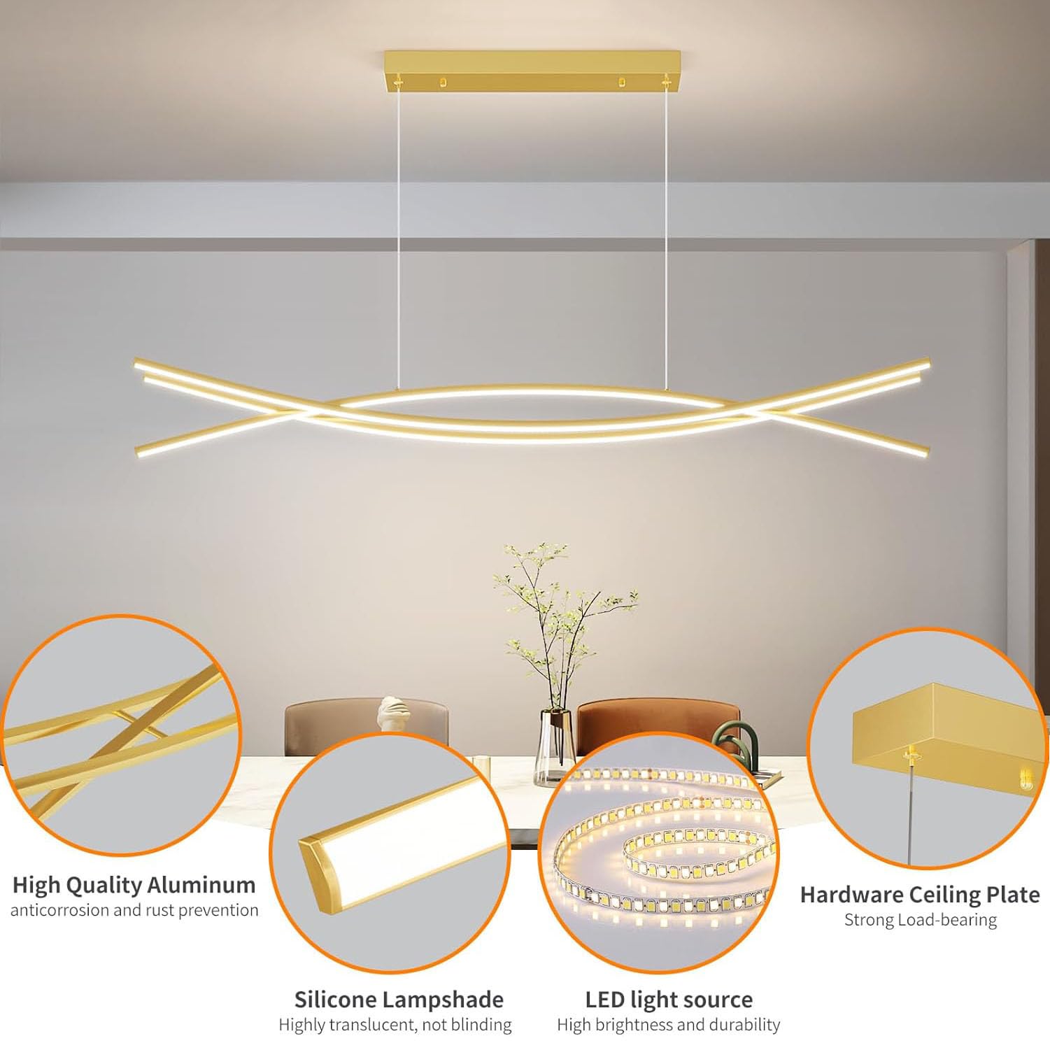 Lámpara Colgante LED Moderna - Altura Ajustable y Dimmable con Mando Incluido, Perfecta para Comedor, Cocina con Isla, Salón, Oficina y Hoteles Plafón LED Regulable (Oro, 100cm)