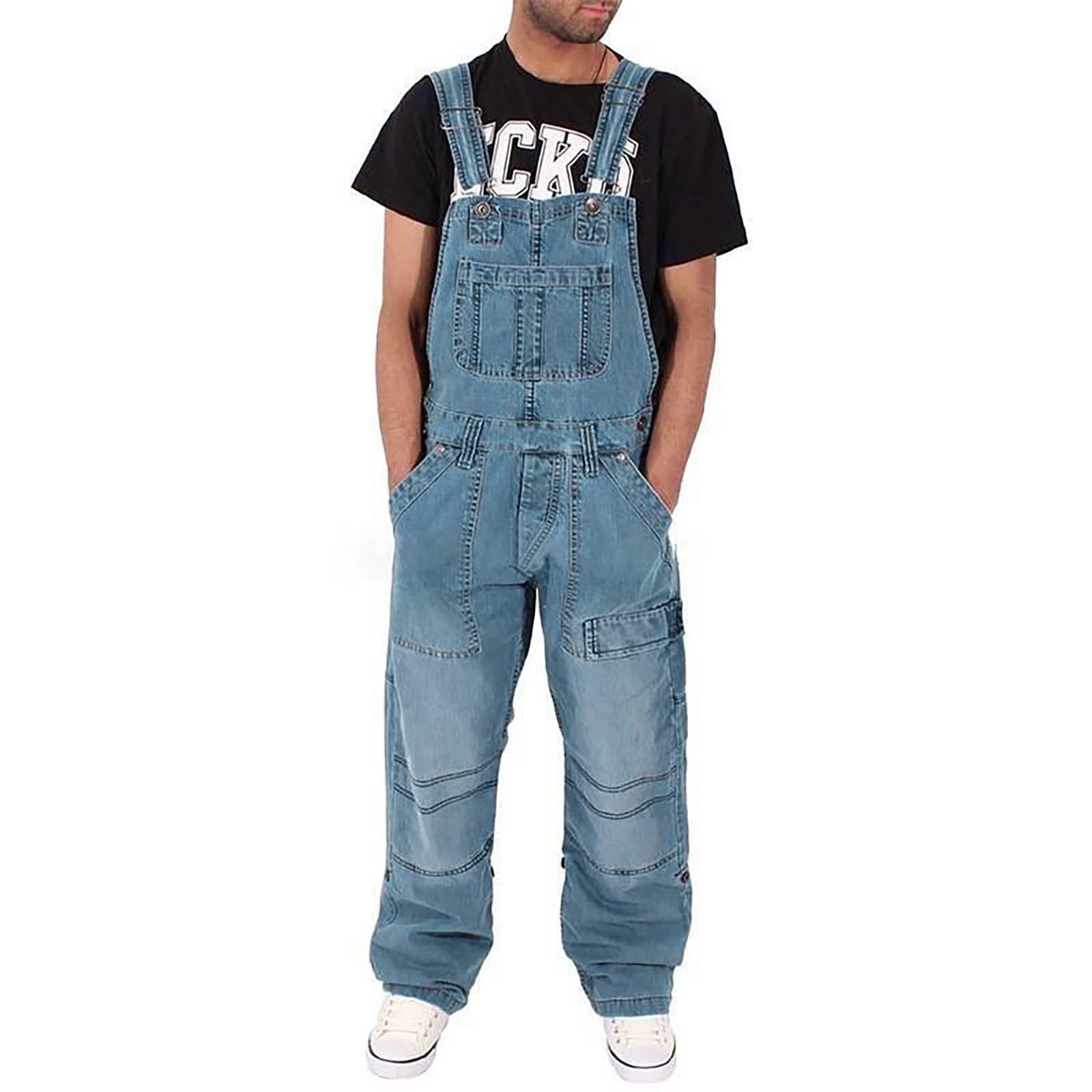 DFEKDenim Dungarees for Mens Casual Lightweight Slim Fit Bib Overall Blue Black Cowboy Rompers Fashion Loose Fit Hip Hop Vintage Braces Cargo Trousers Suspender Jeans Jumpsuits