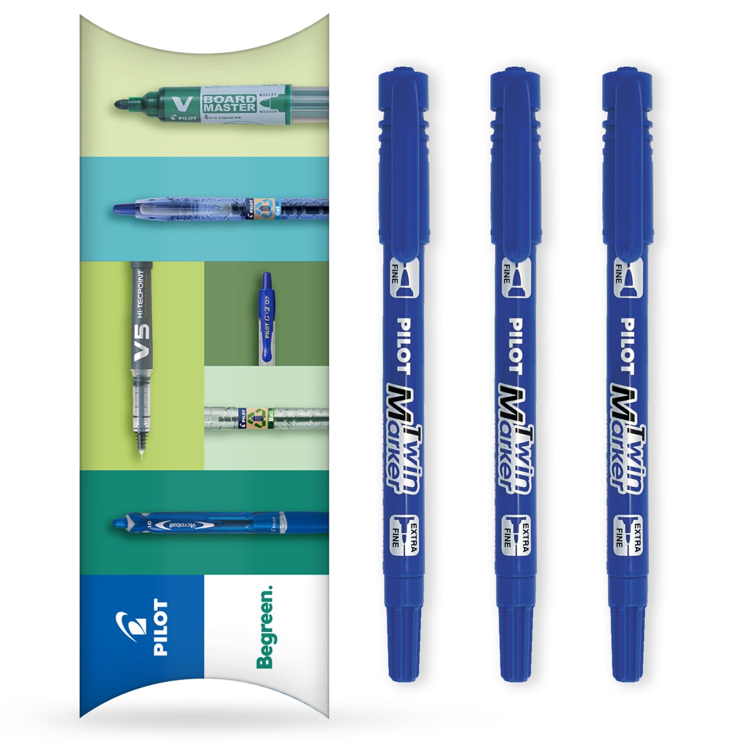 PILOTTwin Marker Pen - Permanent 2-in1 Markers - Fine & Extra Fine Dual Tips - 76% Recycled Begreen Range (Blue, 3 Pack)
