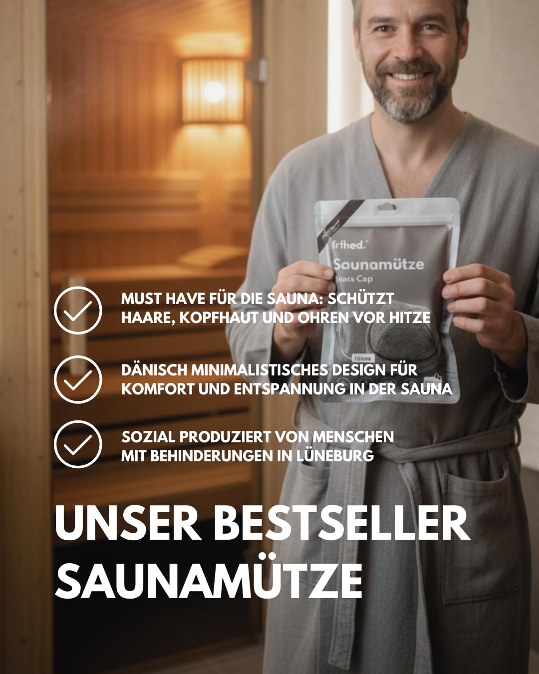frihed.® Sauna Geschenkset Alpenruhe - mit Saunahut in Steingrau & Saunaaufguss Alpenkräuter & Peelingsalz Lavendel in Geschenkverpackung - für Männer und Frauen - Made in Lüneburg