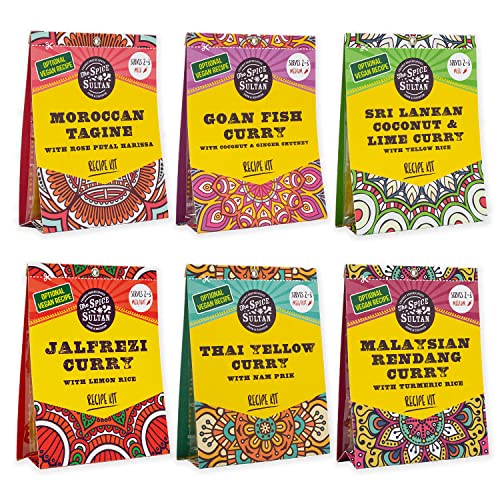 The Spice Sultan - World Flavours Meal Kits Selection Box with Recipes (6 Meal Kits) Including Indian, Thai, Goan & Sri Lankan Curry, Malaysian Rendang & Moroccan Tagine, Gluten-Free, Vegan