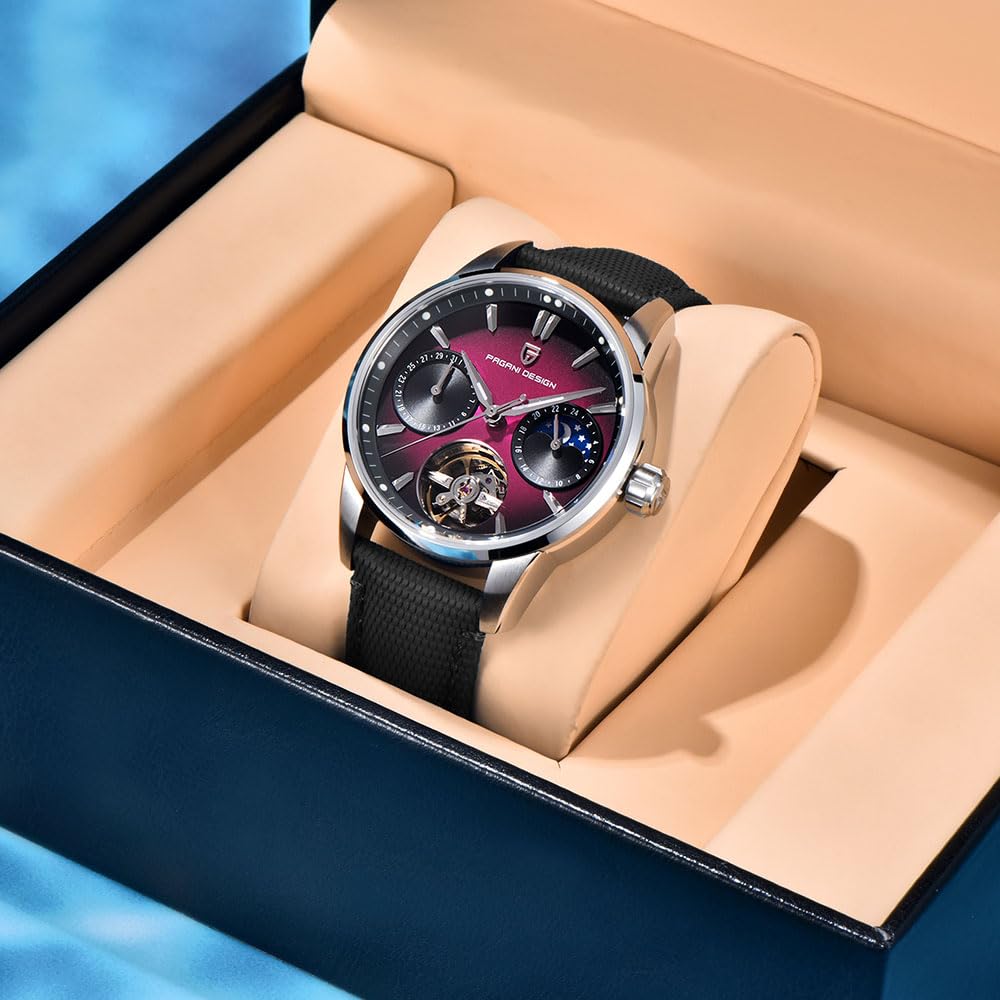 TYBERLEY Orologio da uomo automatico di lusso con scheletro Tourbillon fasi lunari in acciaio inox impermeabile 100 m cinturino in pelle orologio meccanico da uomo YS021