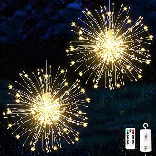 KIKILIVE Paquete de 2 luces de fuegos artificiales para exteriores para Navidad, luces LED de fuegos artificiales impermeables con 8 modos de control remoto