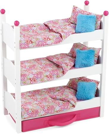 Amazon Emily Rose 18インチ 家具用ベッド 18インチの人形用 ぬいぐるみ 積み重ね可能な人形 三段ベッド 人形用衣類収納引き出しと3つのユニークな人形用寝具セット 14 19インチの人形にフィット 家具 おもちゃ