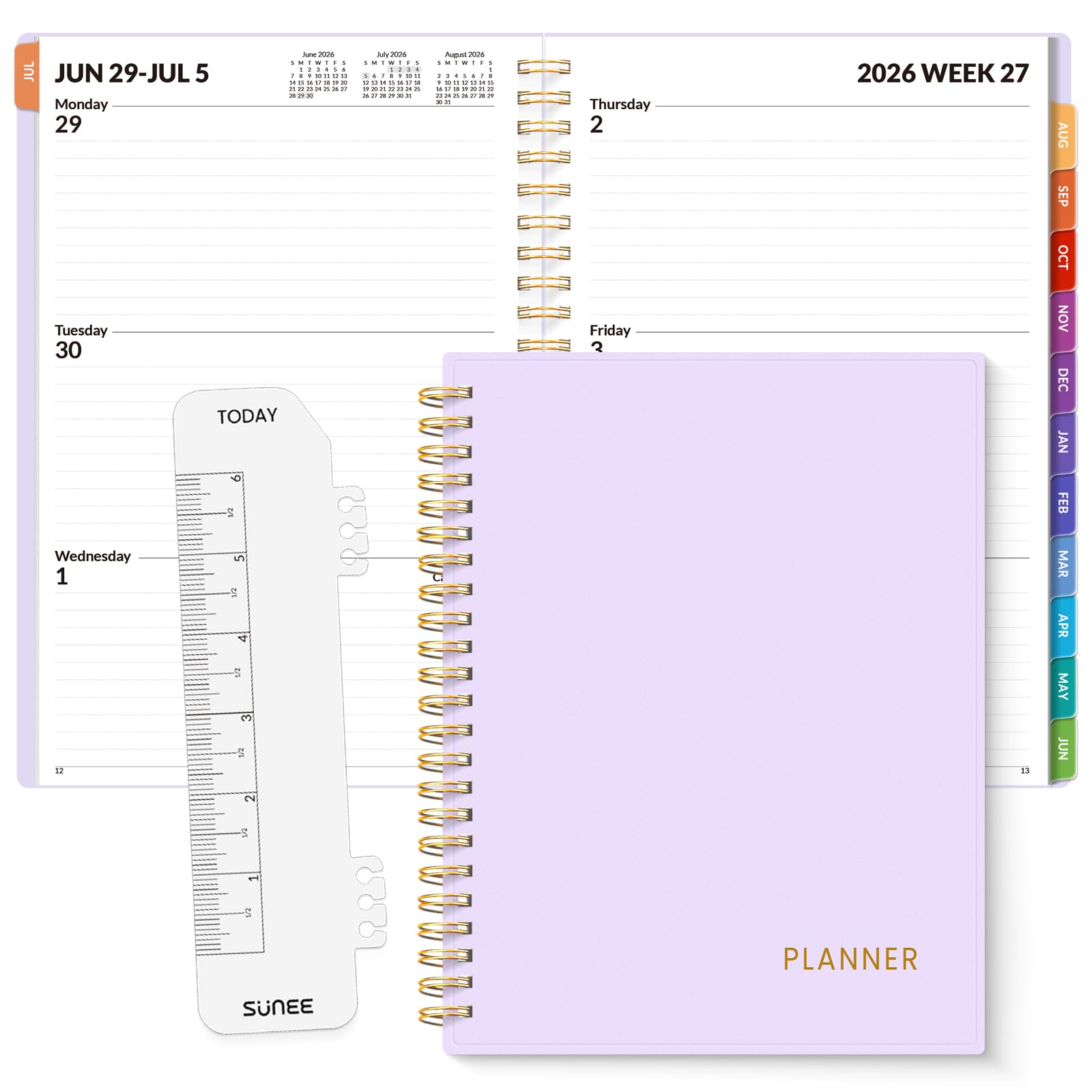SUNEE Agenda académica 2026-2027 – Agenda semanal y mensual, julio de 2026 a junio de 2027, 6.4 x 8.3 pulgadas, papel grueso, pestañas, bolsillos, marcapáginas, encuadernado en espiral, organizador de