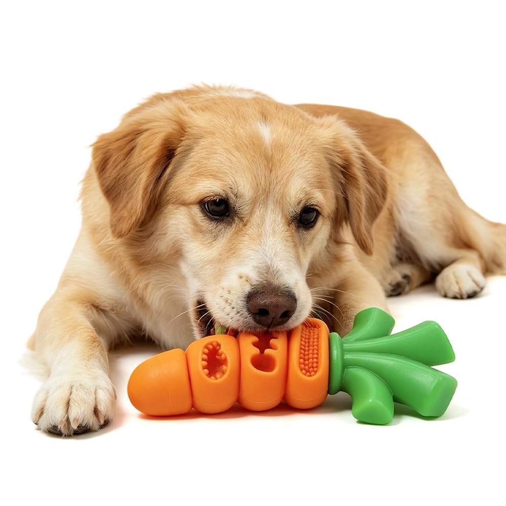 Dog Toys for Aggressive Chewers, Indestructible Rubber Dog Toy (Carrot) | Heavy-Duty Chew Toy, Durable, DIY Treat-filling Design adds Fun, Cleans Teeth, Keeps Dogs Busy