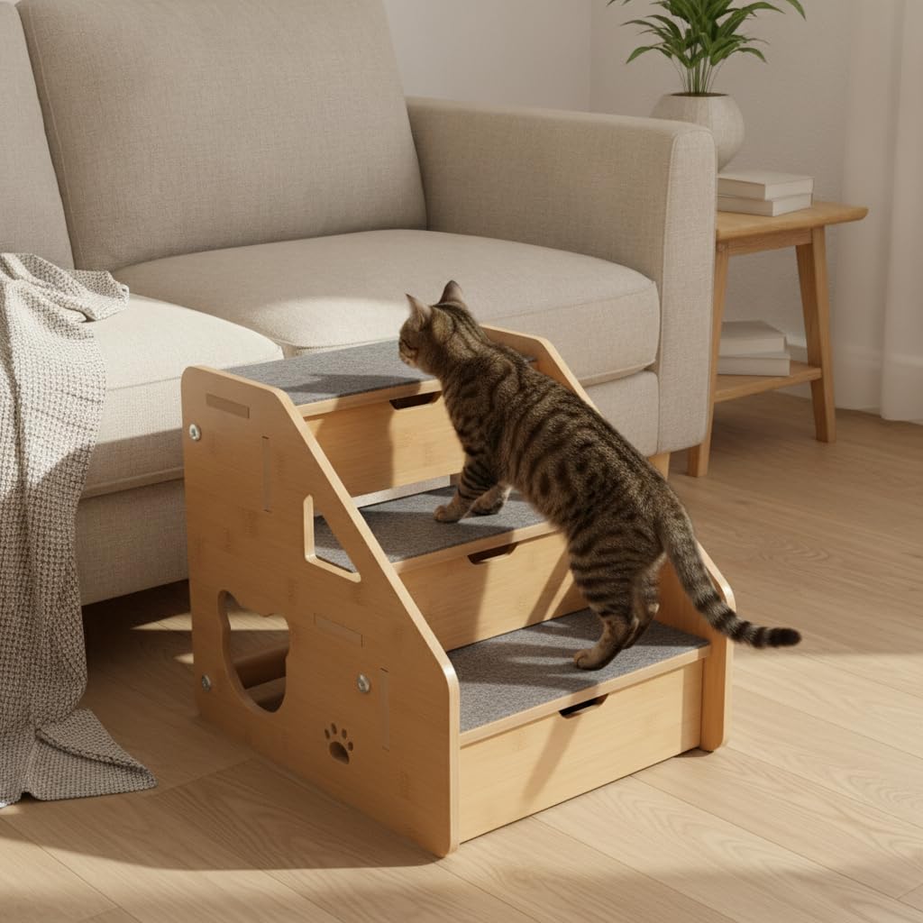 Scaletta per Gatti in Legno, Costruzione in legno, Scaletta pieghevole, al davanzale, Per proprietari di cani, style to 3