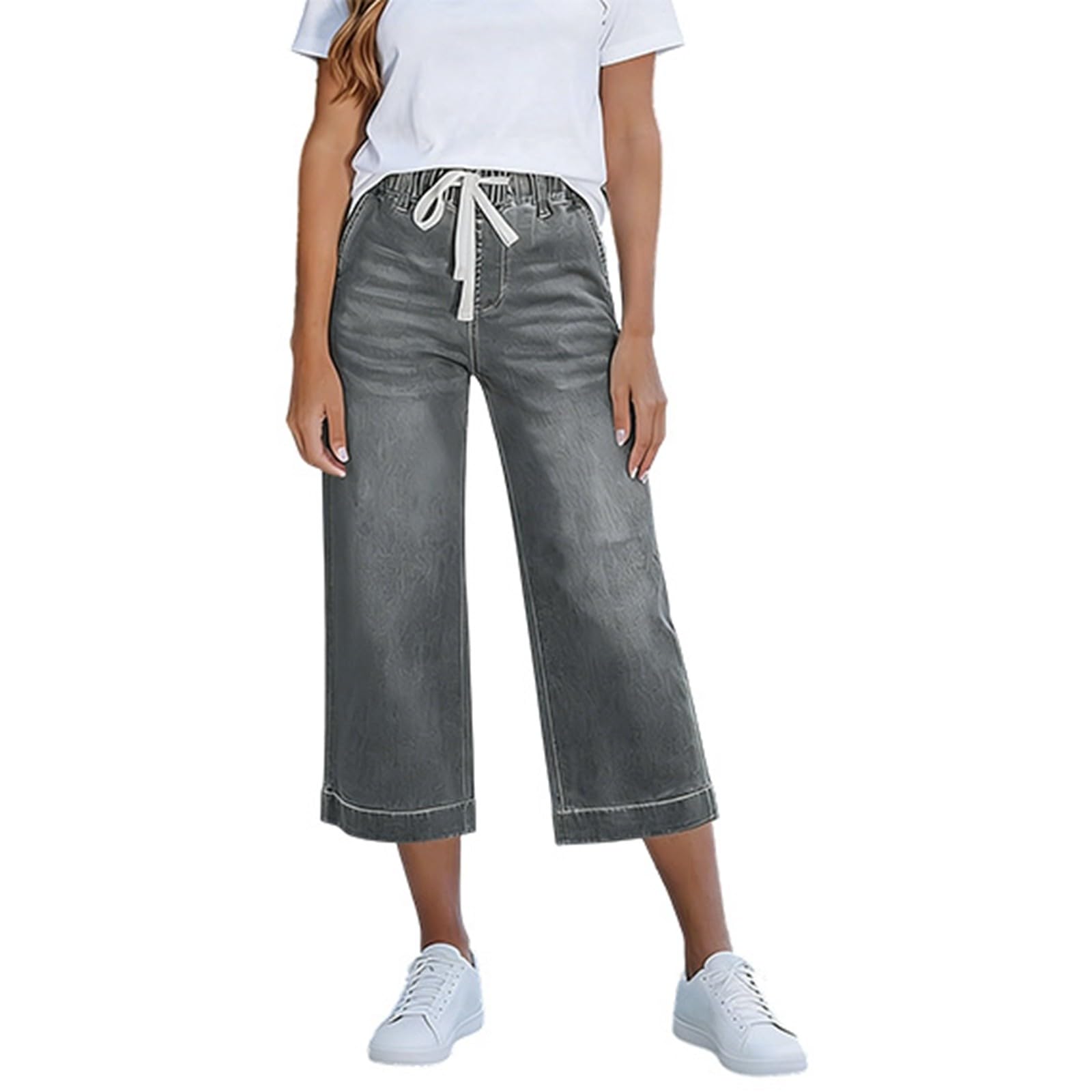 Pantalon, Capri D'Été Décontracté, Coupe Droite Et Ample, Taille Élastiquée, Style Denim Léger Et Confortable, Facile À Enfiler