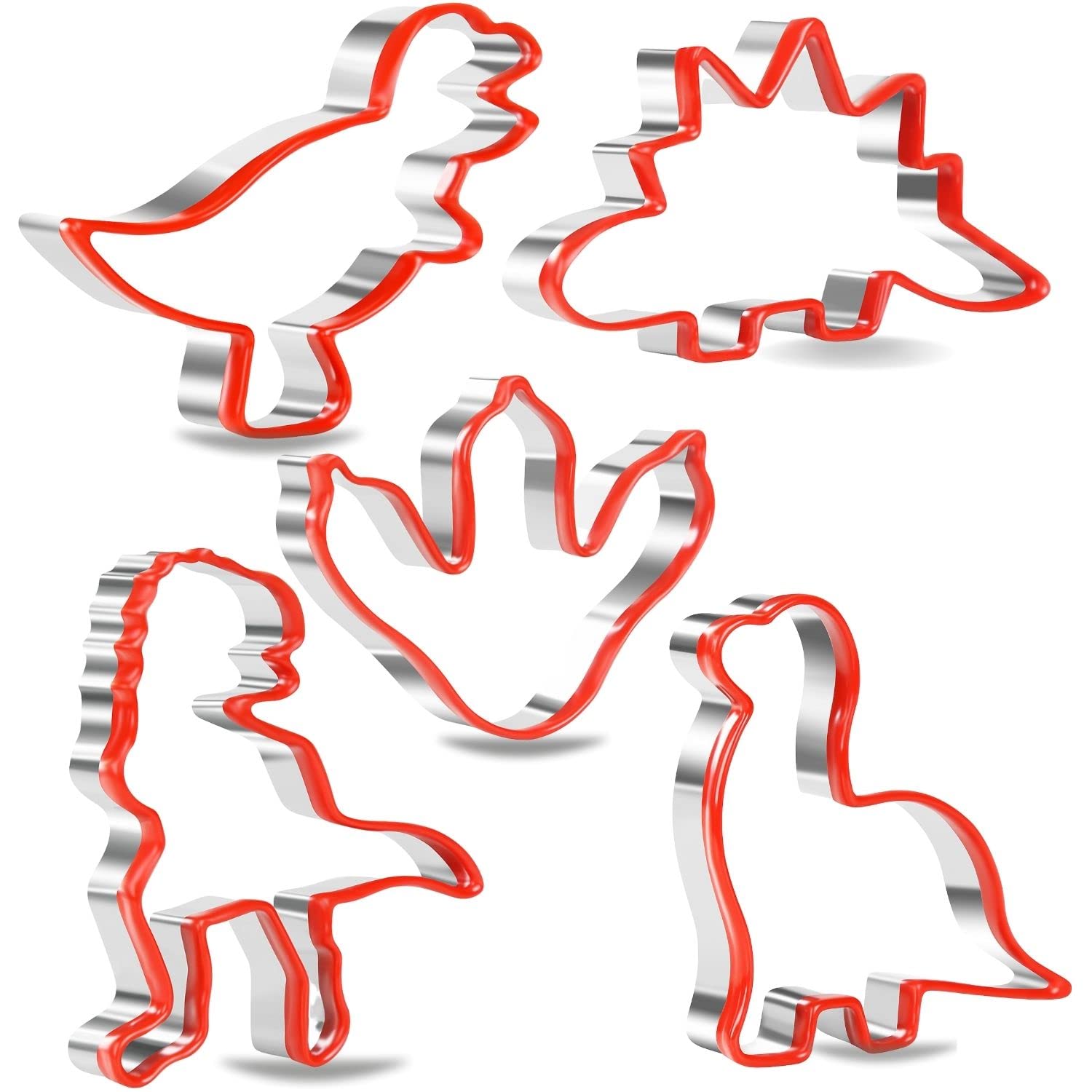 KAISHANE Dinosaur Cookie Cutters Set, 5 PCS Dinosaur Biscut Cutters Set Stainless Steel with Soft PVC Edge for Baking Fondant Cake Molds