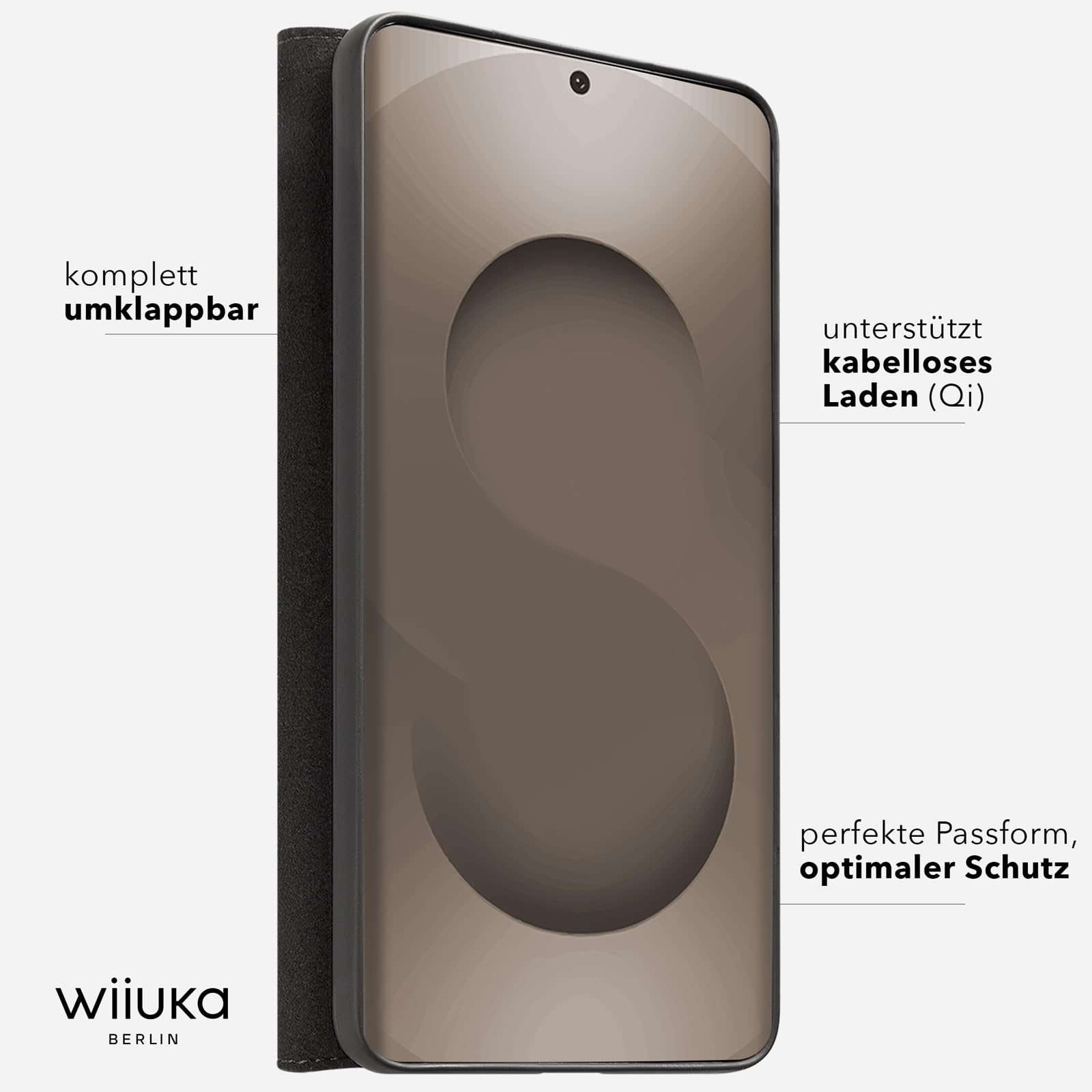 WIIUKA Hülle für Samsung Galaxy S26 Ultra, Leder aus Deutschland, Standfunktion & Kartenfach, Lederhülle extra Dünn, Premium Handyhülle, Klapphülle für Samsung S26 Ultra, suiit Schwarz