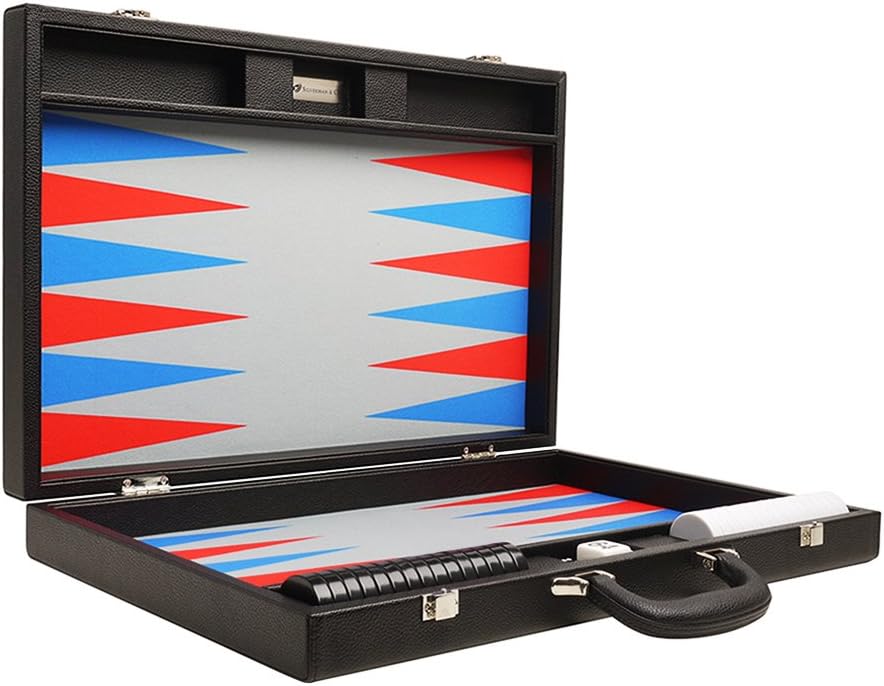 19-inch Premium Backgammon Set - Large Size - Black Board, Scarlet Red and Patriot Blue Points