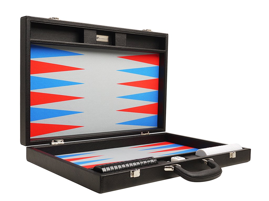 Silverman & Co. Zestaw 48 cm Premium Backgammon - duży rozmiar - czarna tablica, szkarłatna czerwień i niebieskie punkty patriotu