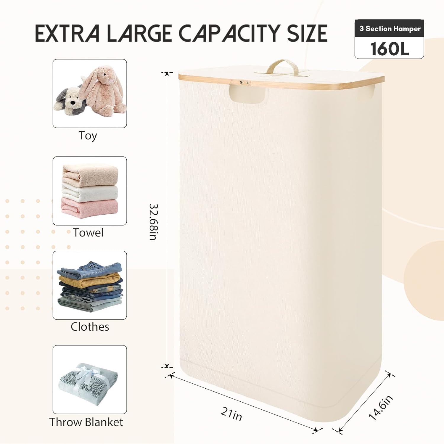 160L Laundry Sorter Hamper with Lid, 3 Section Extra Large Dirty Clothes Basket with Handles, 3 Removable Liner Bags & Labels, Beige