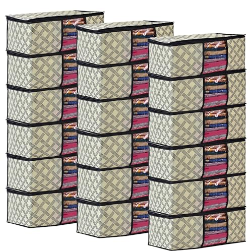 Image of Non-Woven Saree Covers with Zipper and Transparent Window - Clothes Storage Bag for Wardrobe Organization (Yellow Black, PACK OF 18)