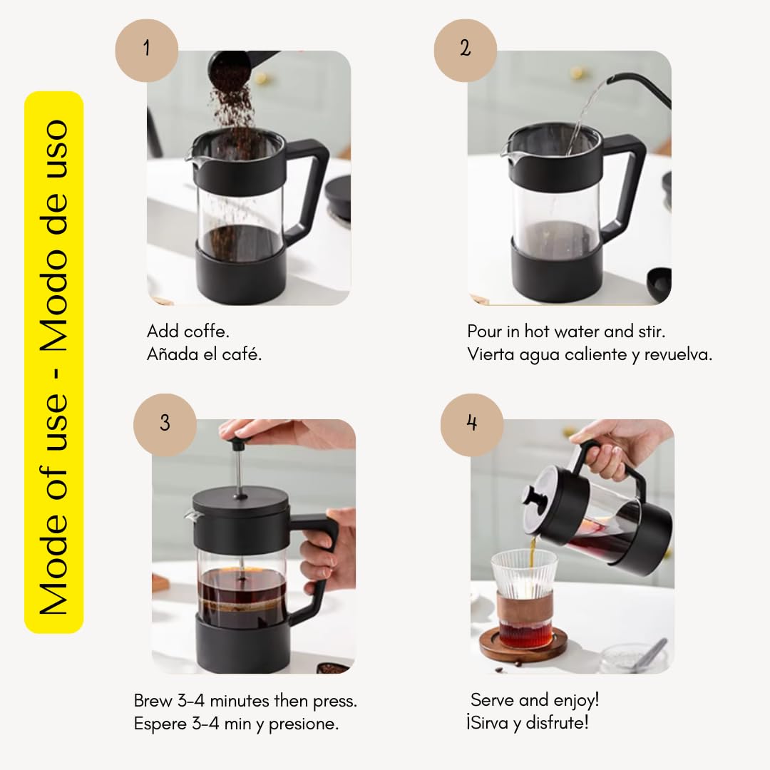 Cafetière à piston W&M en verre borosilicate et acier inoxydable, triple filtre - Noir
