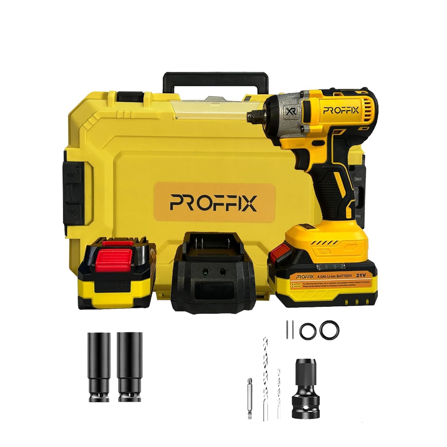 21 Volt 4 Ah Cordless Brushless Impact Wrench 350 Nm Torque With Drill Attachments And Carry Case (2 Battery), Yellow